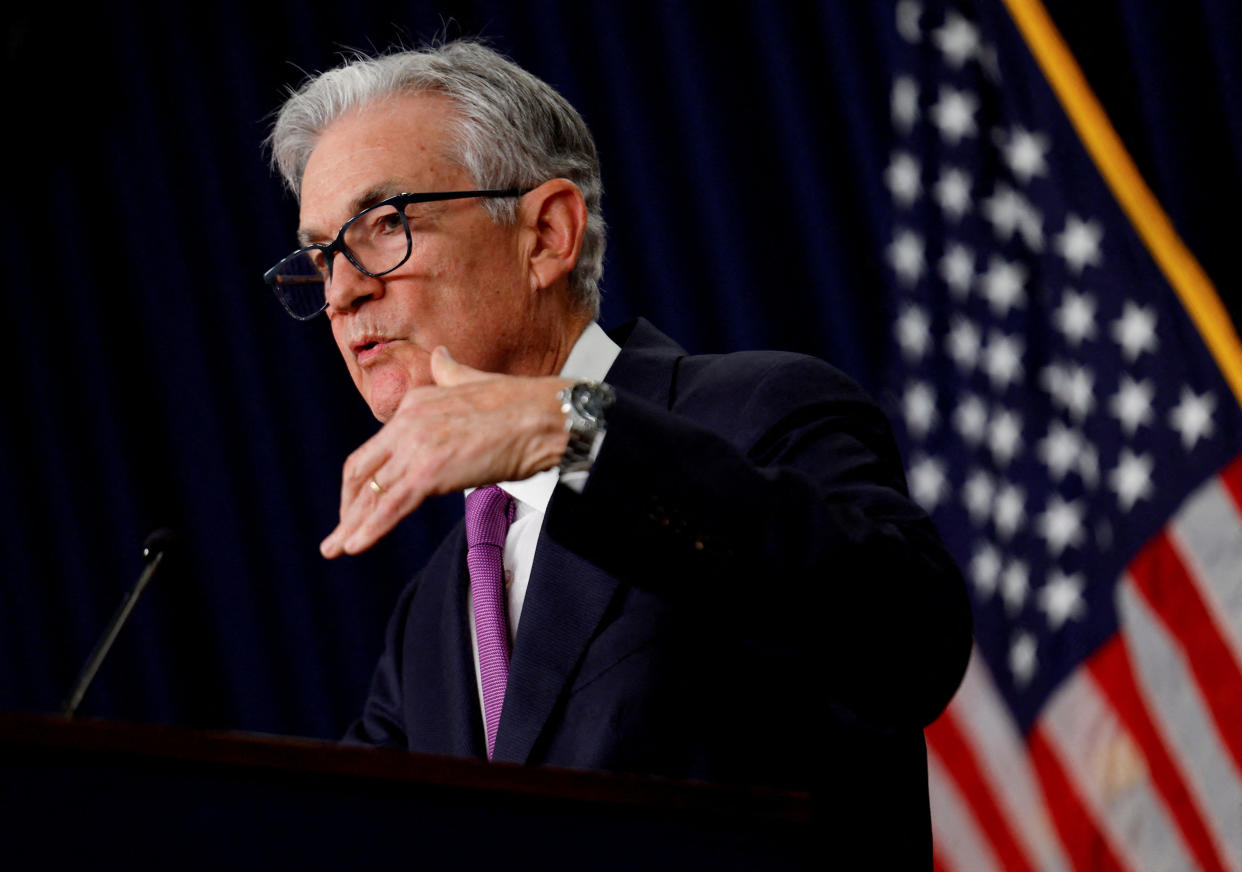 U.S. Federal Reserve Chairman Jerome Powell takes questions from reporters during a press conference after the release of the Fed policy decision to leave interest rates unchanged, at the Federal Reserve in Washington, U.S, September 20, 2023. REUTERS/Evelyn Hockstein