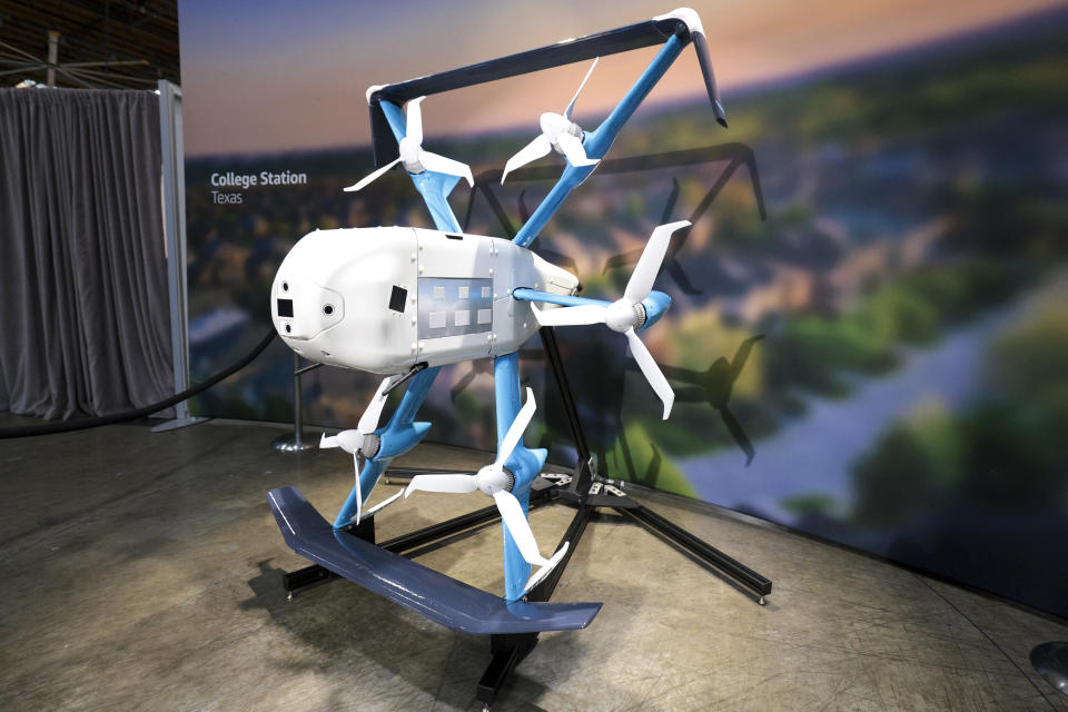 TOPSHOT - Amazon's new MK30 Prime Air drone is displayed during Amazon's 