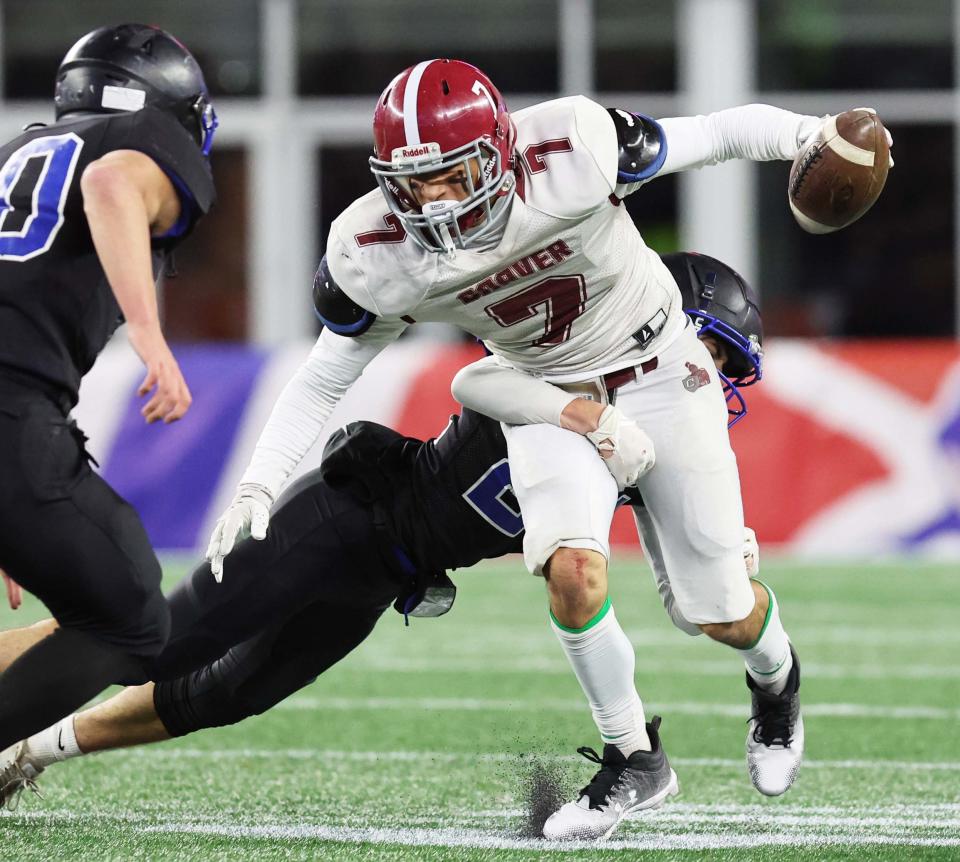 Carver's Derek Lopes makes the catch in the Division 8 state title game versus West Boylston at Gillette Stadium on Wednesday, Nov. 29, 2023.