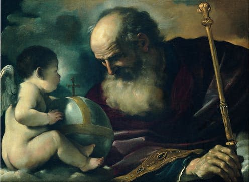 <span class="caption">What came first – all-seeing Gods or complex societies?</span> <span class="attribution"><a class="link " href="https://upload.wikimedia.org/wikipedia/commons/0/0f/Guercino_%28Giovan_Francesco_Barbieri%29_-_God_the_Father_and_Angel_-_Google_Art_Project.jpg" rel="nofollow noopener" target="_blank" data-ylk="slk:God the Father and Angel, Guercino Giovan Francesco Barbieri via Wikimedia Commons;elm:context_link;itc:0;sec:content-canvas">God the Father and Angel, Guercino Giovan Francesco Barbieri via Wikimedia Commons</a></span>