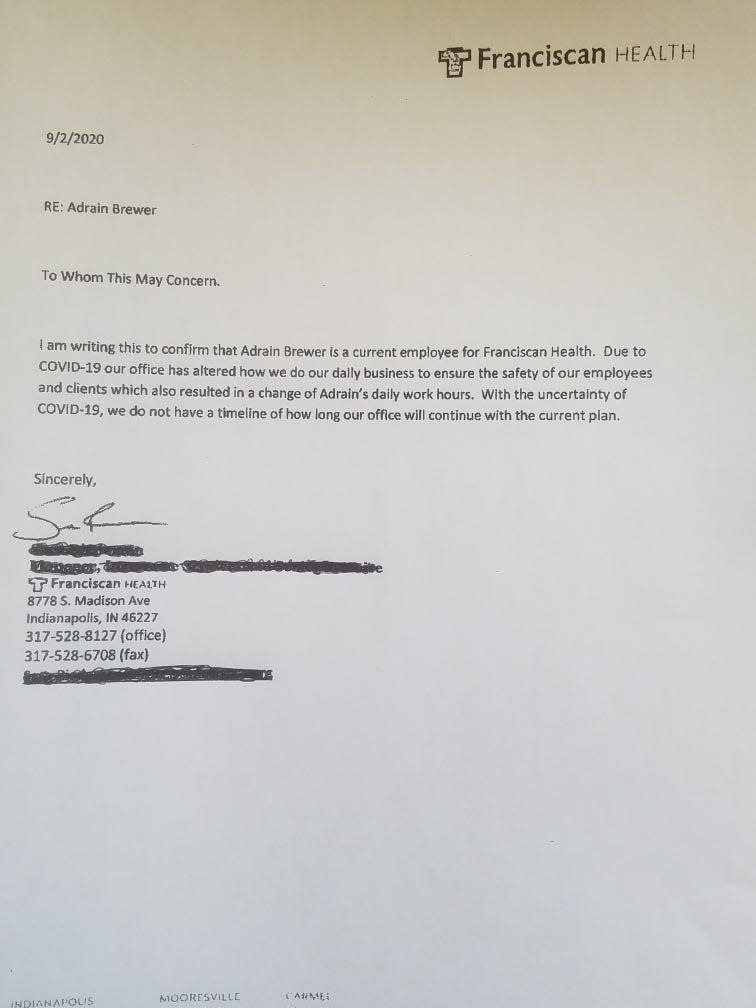 The letter written on Adrain Brewer's behalf explaining her altered shifts at Franciscan Health.