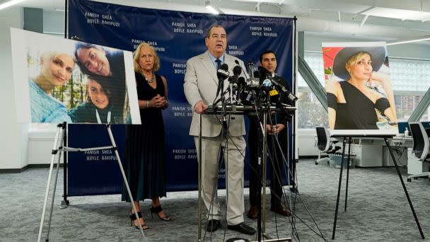 PHOTO: Randi McGinn, from left, Brian Panish and Jesse Creed, attorneys for the family of cinematographer Halyna Hutchins, take part in a news conference alongside portraits of Hutchins and her family, Feb. 15, 2022, in Los Angeles. (Chris Pizzello/AP, FILE)