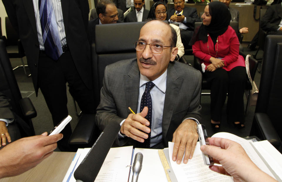 Minister of Oil from Kuwait Hani Abdulaziz Hussain speaks to journalists prior to the start of the meeting of the Organization of the Petroleum Exporting Countries, OPEC, at their headquarters in Vienna, Austria, on Thursday, June 14, 2012. The meeting of the 12 oil ministers of the OPEC focuses on price and production targets. (AP Photo/Ronald Zak)