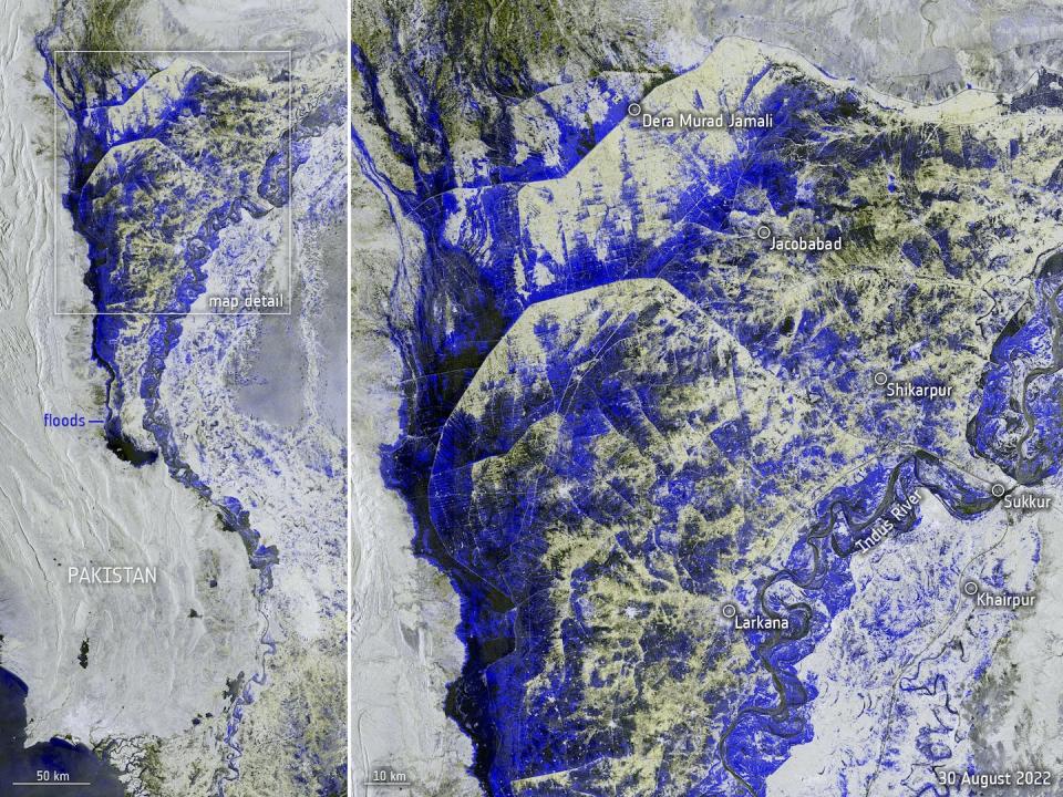 A satellite image of one part of Pakistan shows how flooding turned rivers into lakes several miles wide. <a href="https://www.esa.int/ESA_Multimedia/Images/2022/09/Pakistan_inundated" rel="nofollow noopener" target="_blank" data-ylk="slk:European Space Agency;elm:context_link;itc:0;sec:content-canvas" class="link ">European Space Agency</a>