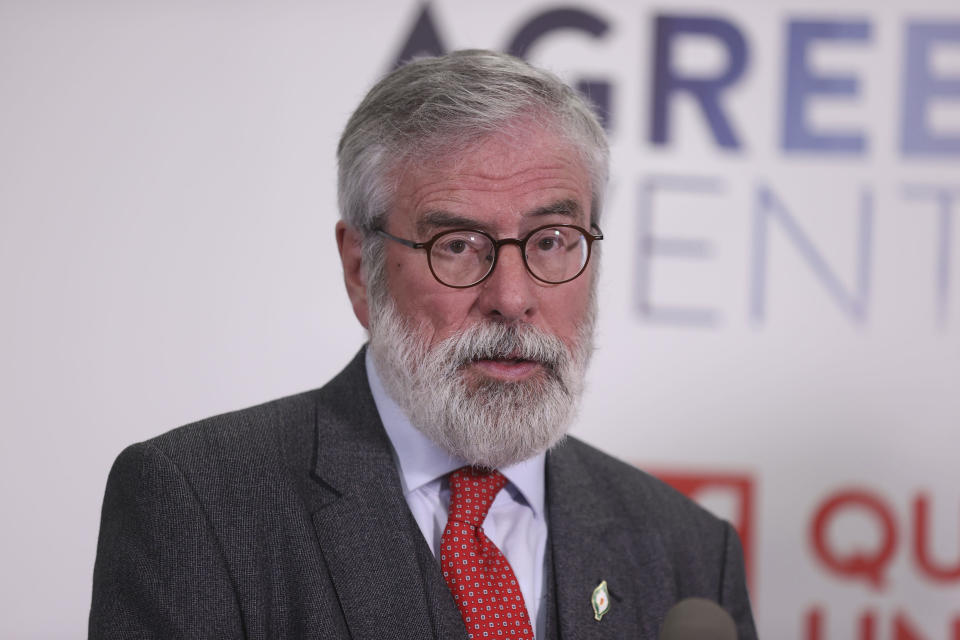 Former Sinn Fein president Gerry Adams speaks at the three-day international conference at Queen's University Belfast to mark the 25th anniversary of the Good Friday Agreement, in Belfast, Northern Ireland, Monday, April 17, 2023. Former U.S. President Bill Clinton and past leaders of the U.K. and Ireland are gathering in Belfast on Monday, 25 years after their charm, clout and determination helped Northern Ireland strike a historic peace accord. (Liam McBurney /PA via AP)