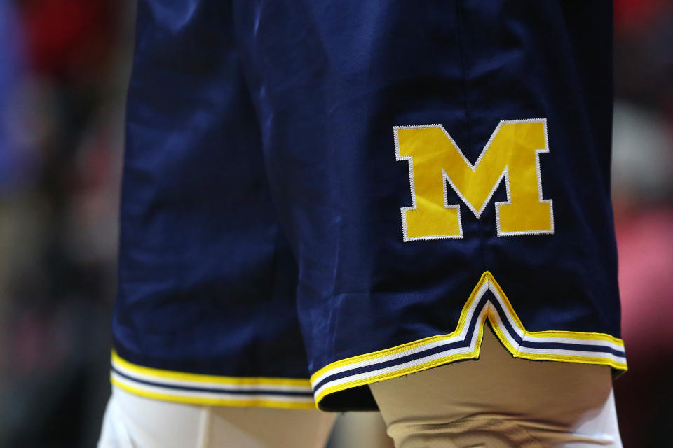 PISCATAWAY, NJ - FEBRUARY 05: The logo of the Michigan Wolverines on the uniform shorts worn by Charles Matthews #1 during a game against the Rutgers Scarlet Knights at Rutgers Athletic Center on February 5, 2019 in Piscataway, New Jersey. Michigan defeated Rutgers 77-65. (Photo by Rich Schultz/Getty Images)