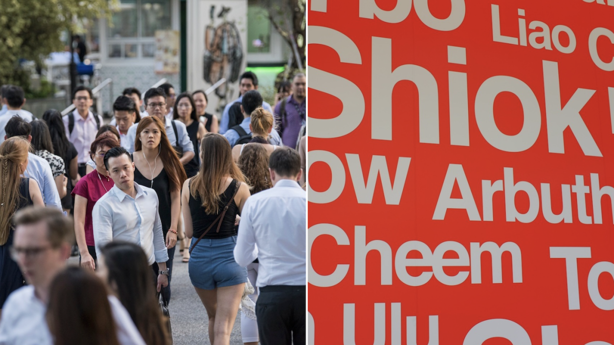 People walking the streets of Singapore's Central Business District (left) and some commonly used words in Singlish