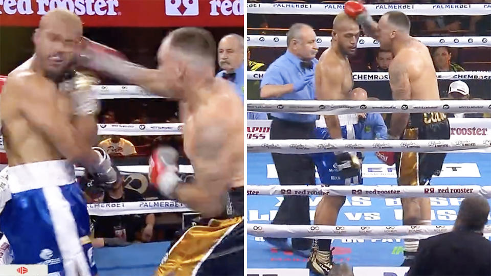 After former NRL player Tim Simona took a beating from Aaron Cocco in his cruiserweight debut, the fight doctor had to step in to end the fight. Pictures: Fox Sports