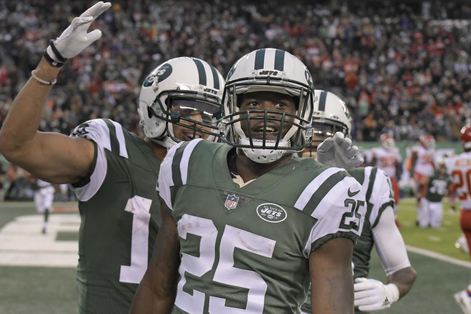 Elijah McGuire is back in the game, filling Bilal Powell’s role for the Jets. (AP Photo/Bill Kostroun)