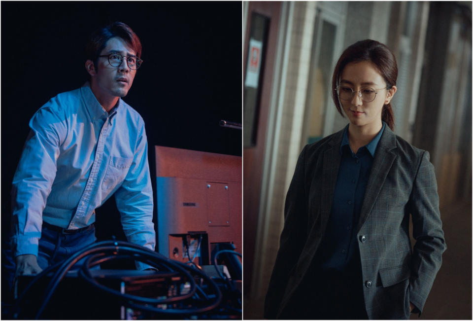 ▲胡宇威 (左) 在物理篇是操控量子電腦的卜教授；周曉涵 (右) 在數學篇是眼神冰冷的神秘老師。