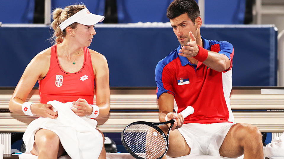 Novak Djokovic and Nina Stojanovic, pictured here in action against Marcelo Melo and Luisa Stefani at the Olympics.