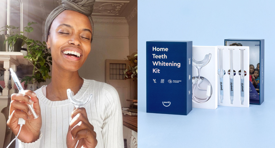 Left: Woman while holding teeth whitening accessories. Right: Pearlii Home Teeth Whitening Kit, on sale this Cyber Monday