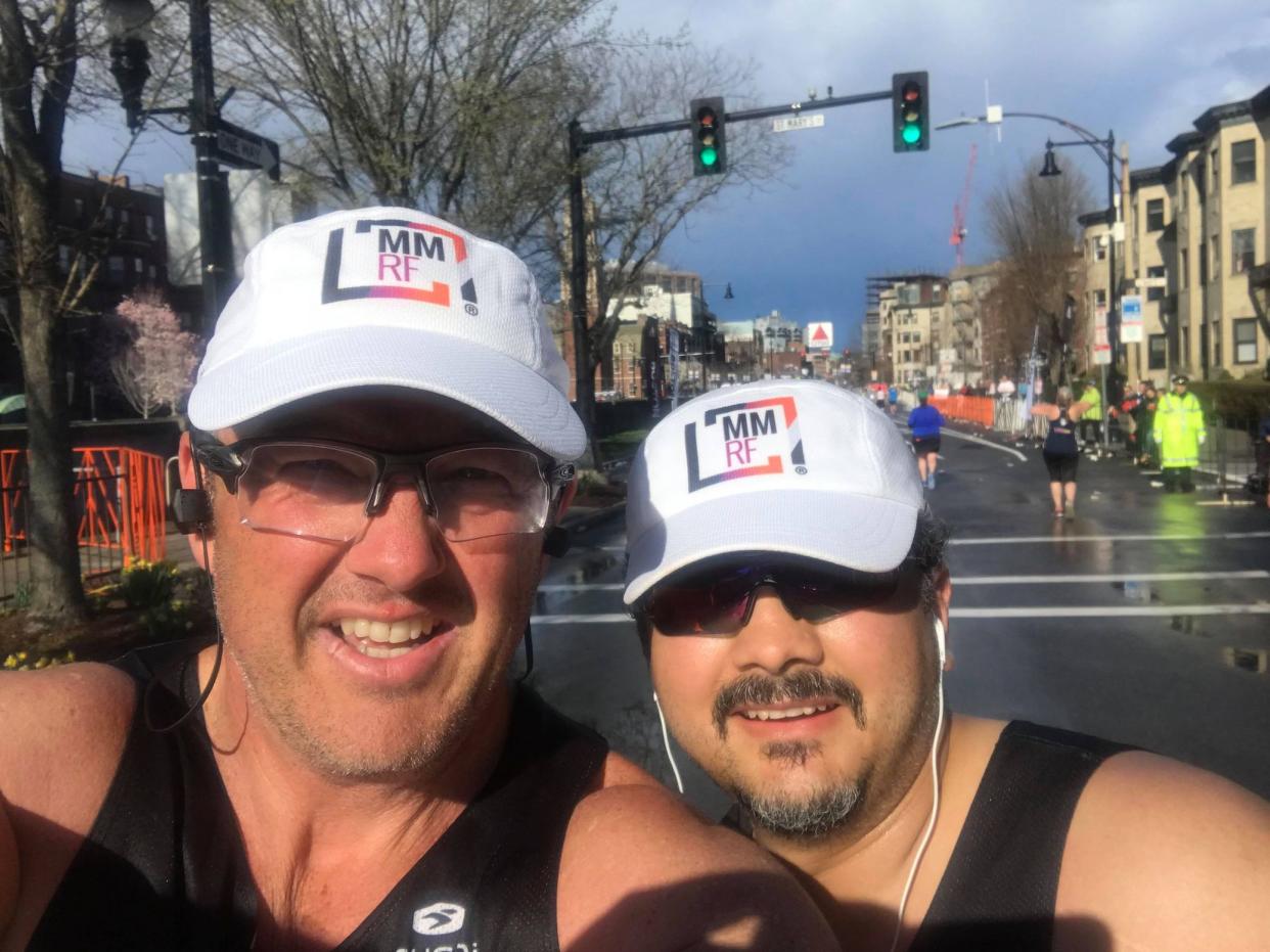 Kirk Wilkerson ran the Boston marathon alongside his oncologist Dr. Saad Usmani to fundraise for the Multiple Myeloma Research Foundation. (Photo courtesy of Kirk Wilkerson)