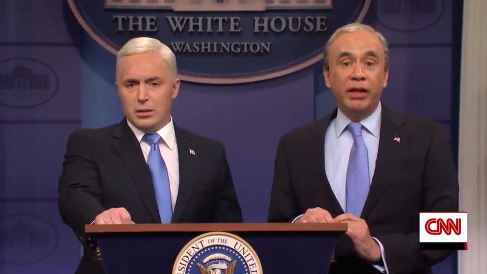 Michael Bloomberg (Fred Armisen) interrupts Mike Pence's (Beck Bennett) White House news conference on the coronavirus to talk about his presidential candidacy in 