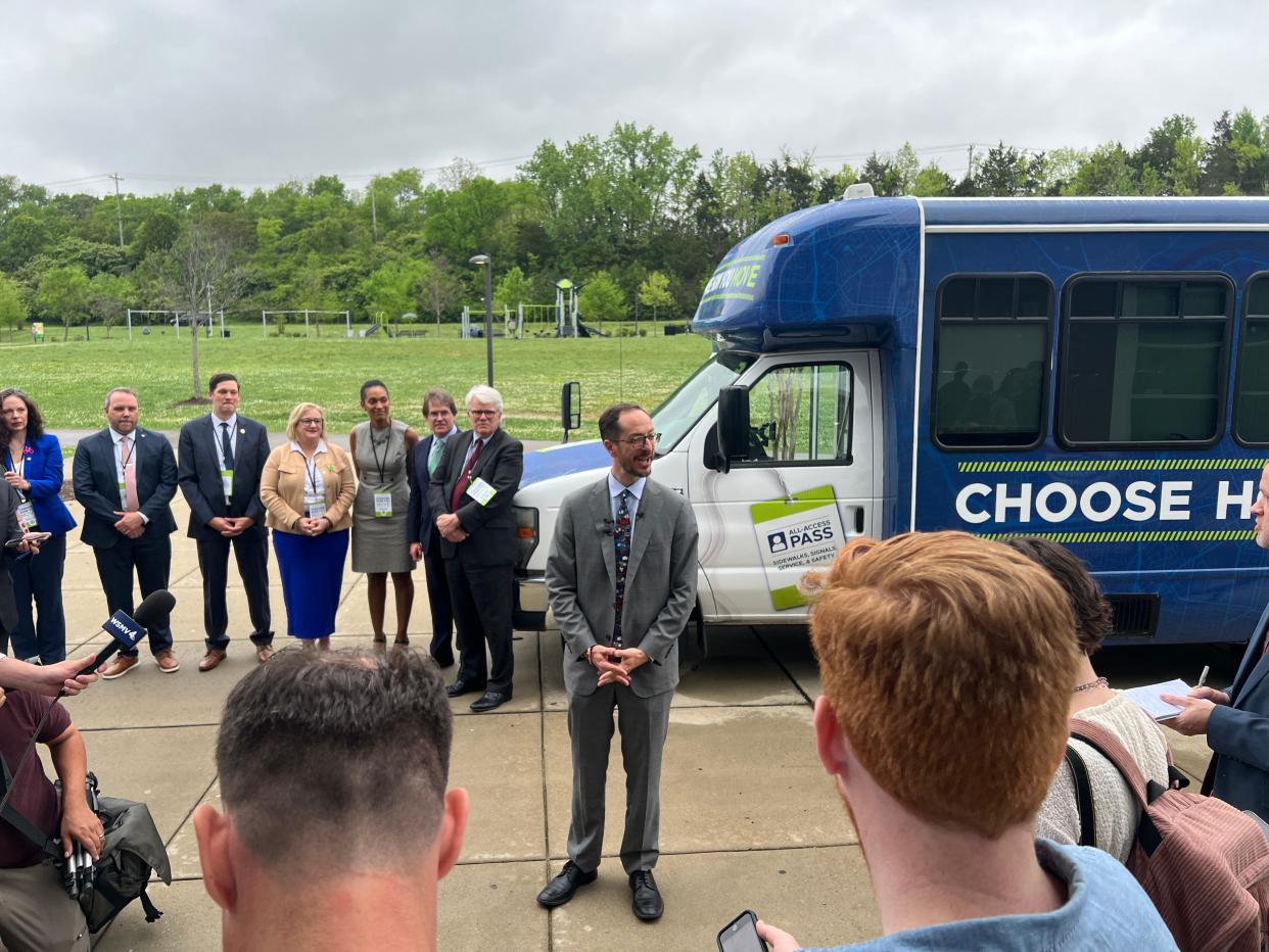 Nashville Mayor Freddie O'Connell speaks to the press after making remarks at the official announcement of his transit referendum proposal launch at the Southeast Nashville Community Center on April, 19, 2024.