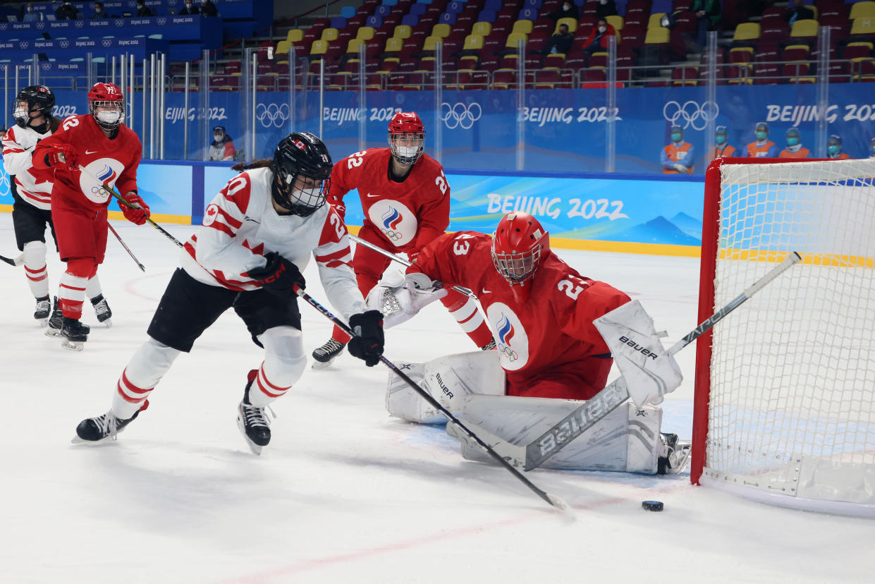 BEIJING, CHINA - FEBRUARY 07: Darya Gredzen #23 of Team ROC makes a save against Sarah Nurse #20 of Team Canada in the second period during the Women's Preliminary Round Group A match at Wukesong Sports Centre on February 07, 2022 in Beijing, China.  (Photo by Bruce Bennett/Getty Images)