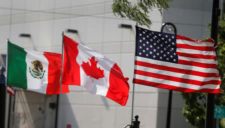 Flags of the U.S., Canada and Mexico fly next to each other in Detroit, Michigan, U.S. August 29, 2018. REUTERS/Rebecca Cook/Files