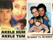 Aamir Khan and Manisha Koirala's hit pairing was first seen in this film inspired by the courtroom drama Kramer Vs Kramer. Akele Hum Akele Tum is the story of two aspiring singers who fall in love and marry in a whirlwind. When the wife's career takes a backseat and the husband becomes more and more disinterested in household affairs, she walks out on him and their son. The father and son eventually form a close bond. However, after Kiran (Koirala) becomes a celebrity, she claims full custody of her son in a nasty legal battle. While the Hindi version deals with the backstory and the father-son bond, the Hollywood original, starring Dustin Hoffman and Meryl Streep, mostly focuses on the courtroom and is much more balanced in its depiction. Both Hoffman and Streep won Academy Awards for their performance.