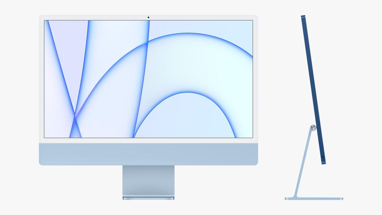 Apple's new iMac features the power of the company's M1 chip, a redesigned chassis, and a bunch of power. (Image: Apple)