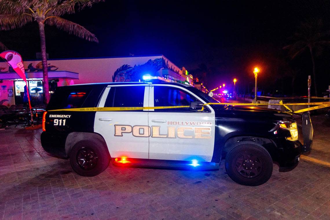 A Hollywood Police Car sits parked on the 1200 block of North Broadwalk near the Hollywood Beach Theatre police have responded to reports of multiple people shot during Memorial Day weekend at Hollywood, Florida, on Monday, May 29, 2023.