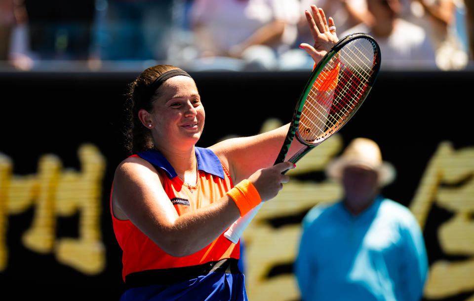 Seen here, Jelena Ostapenko celebrates after her fourth round win against Coco Gauff at the Australian Open.