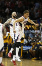 Atlanta Hawks guard Kyle Korver (26) celebrates with center Pero Antic, left, celebrate after hitting a three-point basket in the second half of Game 3 of an NBA basketball first-round playoff series against the Indiana Pacers, Thursday, April 24, 2014, in Atlanta. The Hawks won 98-85. (AP Photo/John Bazemore)