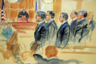 <p>This courtroom sketch depicts Paul Manafort, fourth from right, standing with his lawyers in front of U.S. district Judge T.S. Ellis III, center rear, and the selected jury, seated left, during the jury selection of his trial at the Alexandria Federal Courthouse in Alexandria, Va., Tuesday, July 31, 2018. (Photo: Dana Verkouteren via AP) </p>