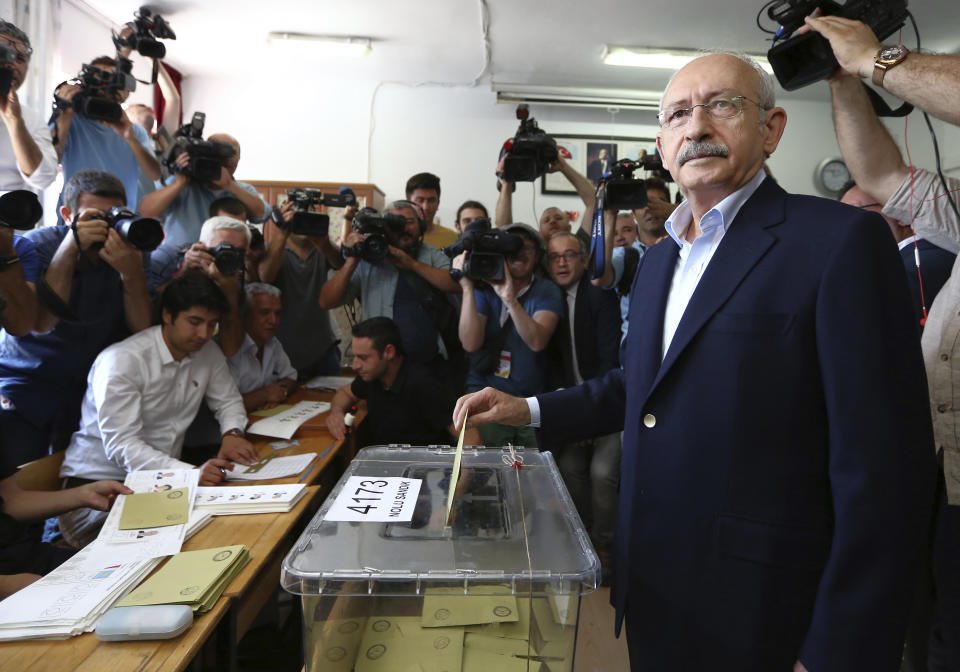 FILE - Kemal Kilicdaroglu, leader of Turkey's main opposition Republican People's Party, CHP, casts his ballot at a primary school in Ankara, Turkey, during an election on Sunday, June 24, 2018. Kilicdaroglu, the main challenger to President Recep Tayyip Erdogan in the May 14 election, cuts a starkly different figure than the incumbent who has led the country for two decades. As the polarizing Erdogan has grown increasingly authoritarian, Kilicdaroglu has a reputation as a bridge builder and vows to restore democracy. (AP Photo/Ali Unal, File)