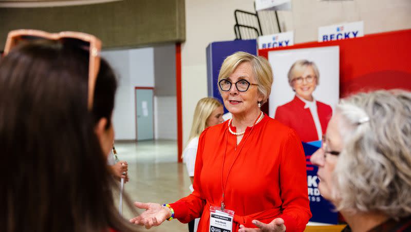 Utah Congressional 2nd District candidate Becky Edwards speaks with delegates at Delta High School on June 24, 2023.