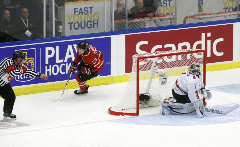 Canada's Anthony Mantha scores on a penalty shot during the second period of their IIHF World Junior Championship ice hockey game in Malmo