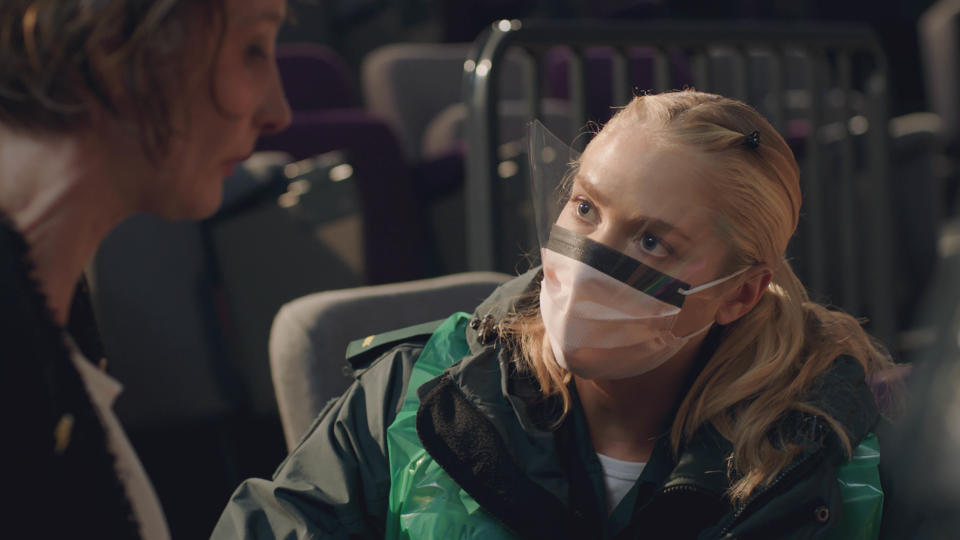 'Casulaty' paramedic Ruby Spark, played by Maddy Hill, wearing a protective face mask. (BBC)