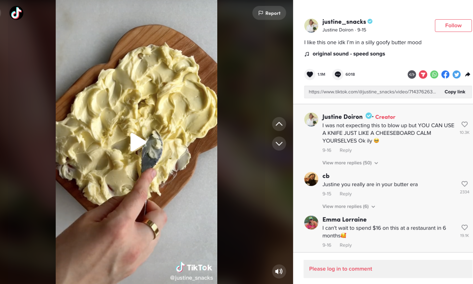 Justine Doiron,@justine_snacks on TikTok, shares a butter board based off of Joshua McFadden's creation. 