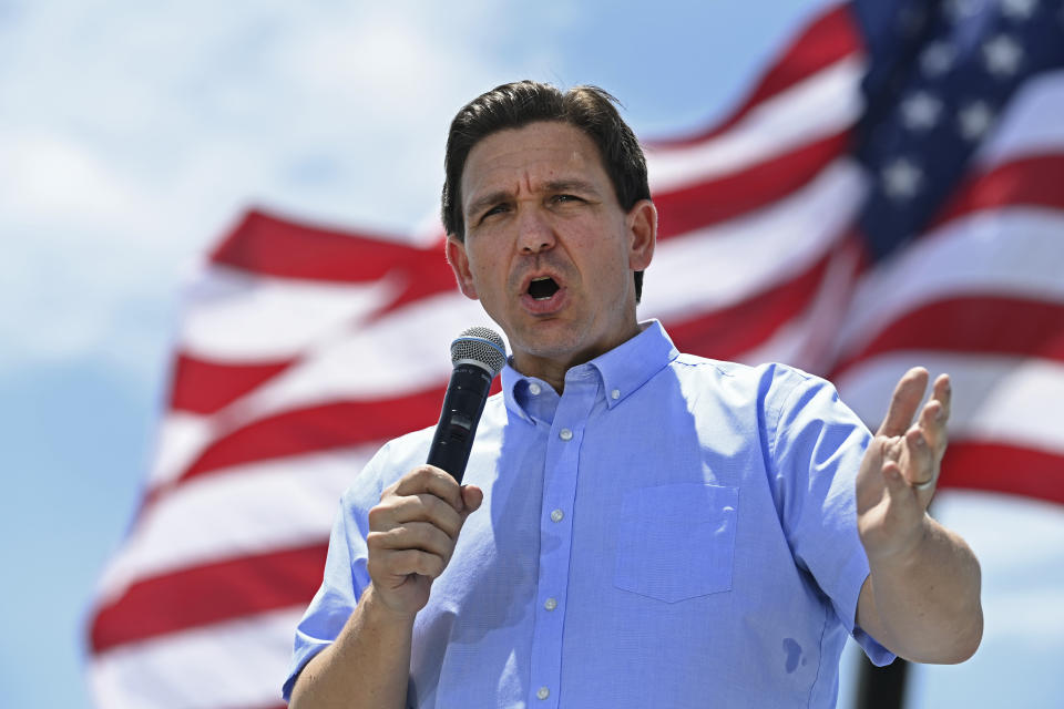 FILE - Republican presidential candidate and Florida Gov. Ron DeSantis speaks at an annual Basque Fry at the Corley Ranch in Gardnerville, Nev., Saturday, June 17, 2023. The mother of a transgender girl sobbed in federal court Wednesday, Dec. 13, 2023, as she contemplated having to move away from her Navy officer husband to get health care for her 12-year-old if Florida's ban on gender dysphoria treatments for minors is allowed to take affect. (AP Photo/Andy Barron, File)