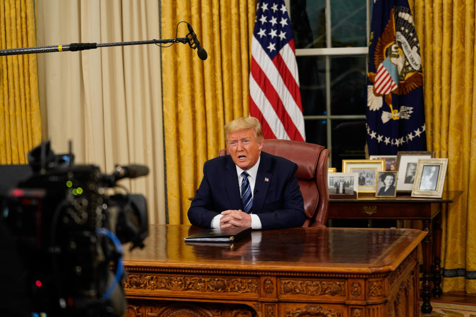 Trump addresses the nation from the Oval Office about the widening coronavirus crisis on March 11. (Photo: Pool via Getty Images)