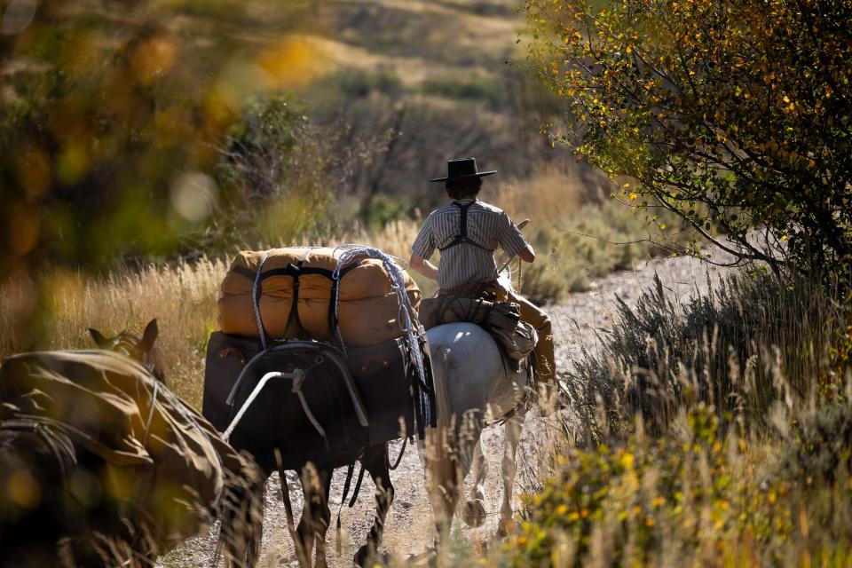 Jake Harvath rides with two pack-horses in tow on the first morning of a yearlong horse ride across the country on Monday, Sept. 25, 2023, near Heber City. | Spenser Heaps, Deseret News