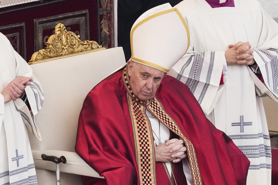 Pope Francis attends a funeral mass for late Pope Emeritus Benedict XVI at St. Peter's Square at the Vatican, Thursday, Jan. 5, 2023. Benedict died at 95 on Dec. 31 in the monastery on the Vatican grounds where he had spent nearly all of his decade in retirement, his days mainly devoted to prayer and reflection. (AP Photo/Antonio Calanni)