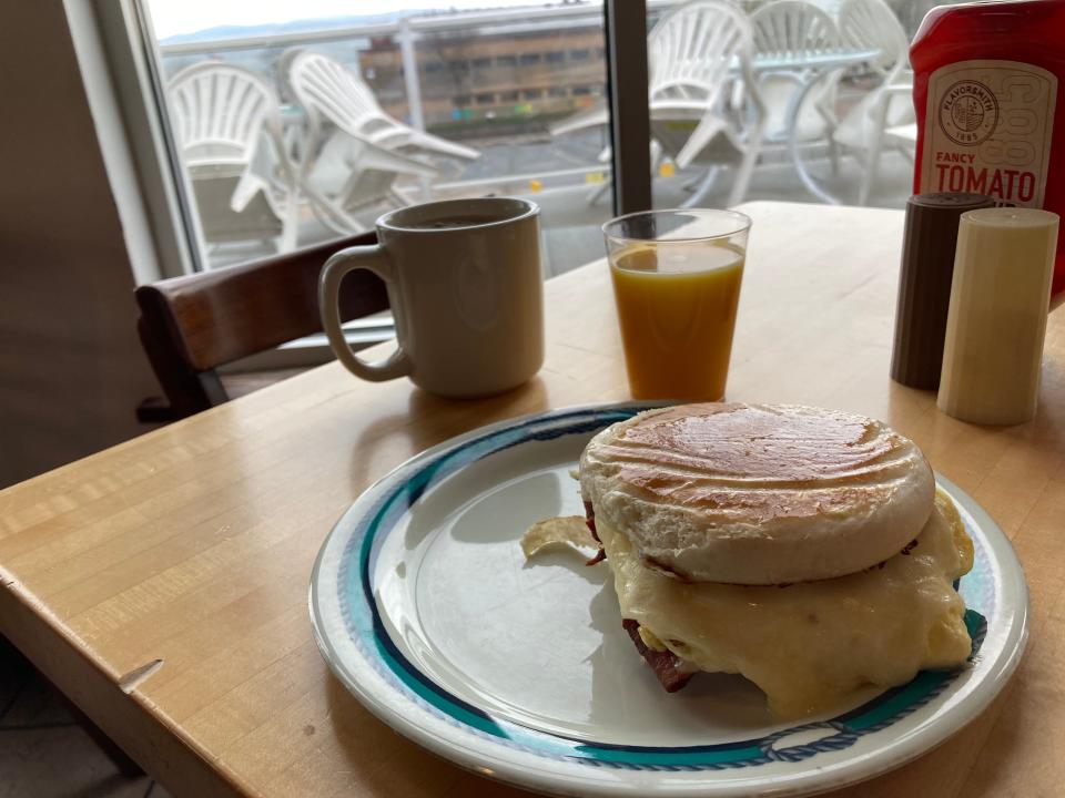 The Bay Original - a breakfast sandwich with bacon, two eggs and cheddar cheese on a Portuguese English muffin - is shown April 28, 2024 at the Burlington Bay Market & Cafe.