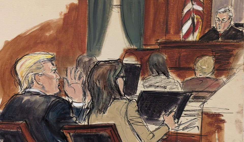 In this courtroom sketch, former Donald Trump, seated left, with his defense attorney Alina Habba, is admonished by Judge Lewis Kaplan, in Federal Court, Wednesday, Jan. 17, 2024. in New York. Trump was threatened with expulsion from his Manhattan civil trial Wednesday after he repeatedly ignored a warning to keep quiet while writer E. Jean Carroll testified that he shattered her reputation after she accused him of sexual abuse. (Elizabeth Williams via AP)