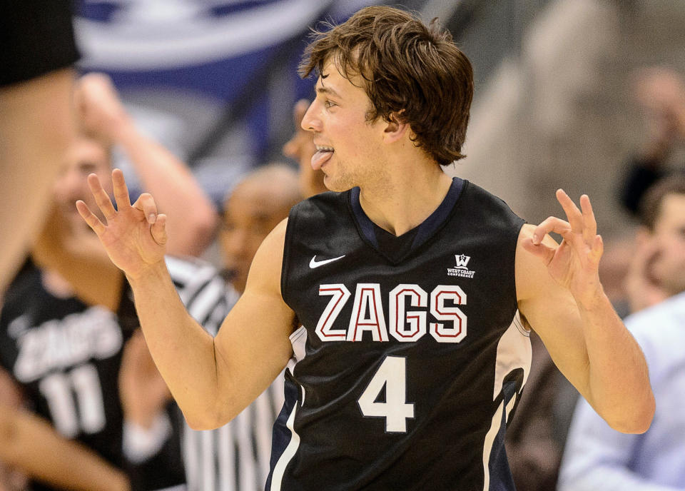 Gonzaga guard Kevin Pangos celebrates a 3-point basket against BYU (AP)