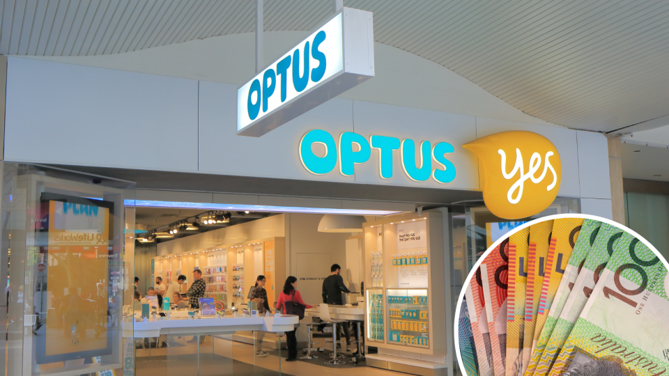 Optus store front and Australia money notes.