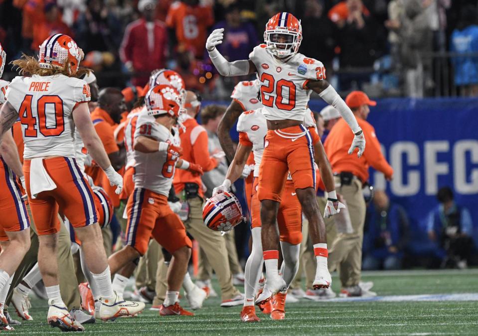 Clemson cornerback Nate Wiggins (20) reacts after blocking a field goal attempt by North Carolina kicker Noah Burnette (98) during the second quarter of the ACC Championship football game at Bank of America Stadium in Charlotte, North Carolina Saturday, Dec 3, 2022.   