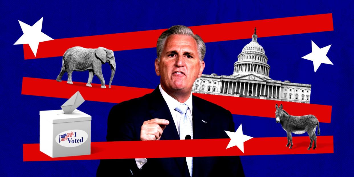 Kevin McCarthy in front of stars, stripes, Congress building and voting box 2x1