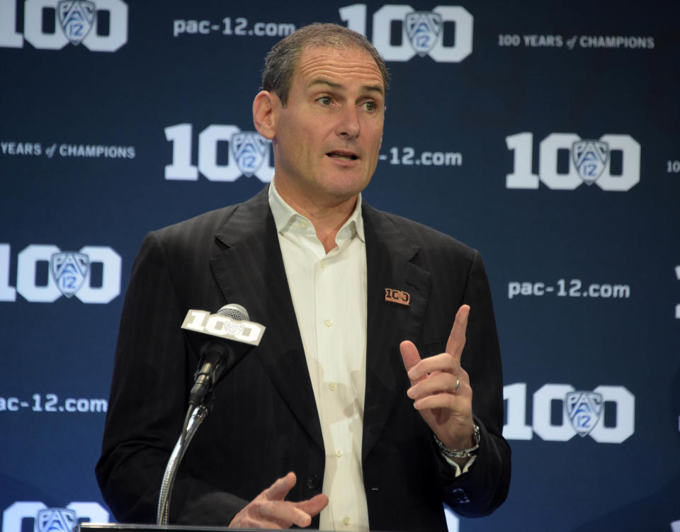 Pac-12 commissioner Larry Scott has been under fire for the conference's declining revenue and his exorbitant salary. (Credit: USAT)