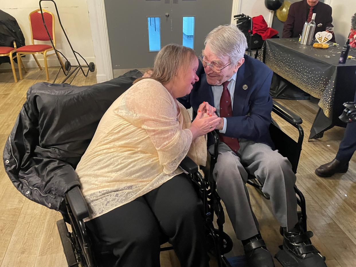 D-Day veteran Bill Gladden with his daughter Linda Durrant at his surprise 100th birthday party in Haverhill, Suffolk. (Sam Russell/ PA)