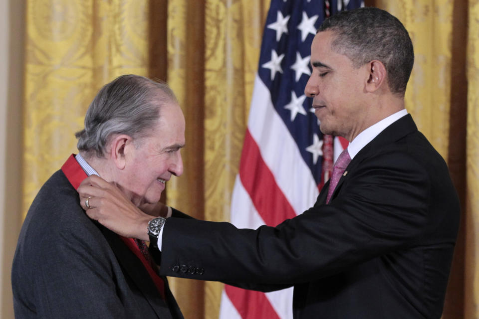 FILE - President Barack Obama presents a National Humanities Medal to historian Bernard Bailyn on March 2, 2011, during a ceremony in the East Room of the White House in Washington. Bailyn, one of the country’s leading historians of the early U.S., has died at age 97. Bailyn was best known for his Pulitzer Prize-winning “The Ideological Origins of the American Revolution,” among the most influential historical works of the past few decades. (AP Photo/Pablo Martinez Monsivais, File)