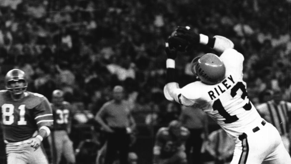 Bengals cornerback Ken Riley makes an interception, one of two for him in the game against Houston, Nov. 1, 1971.