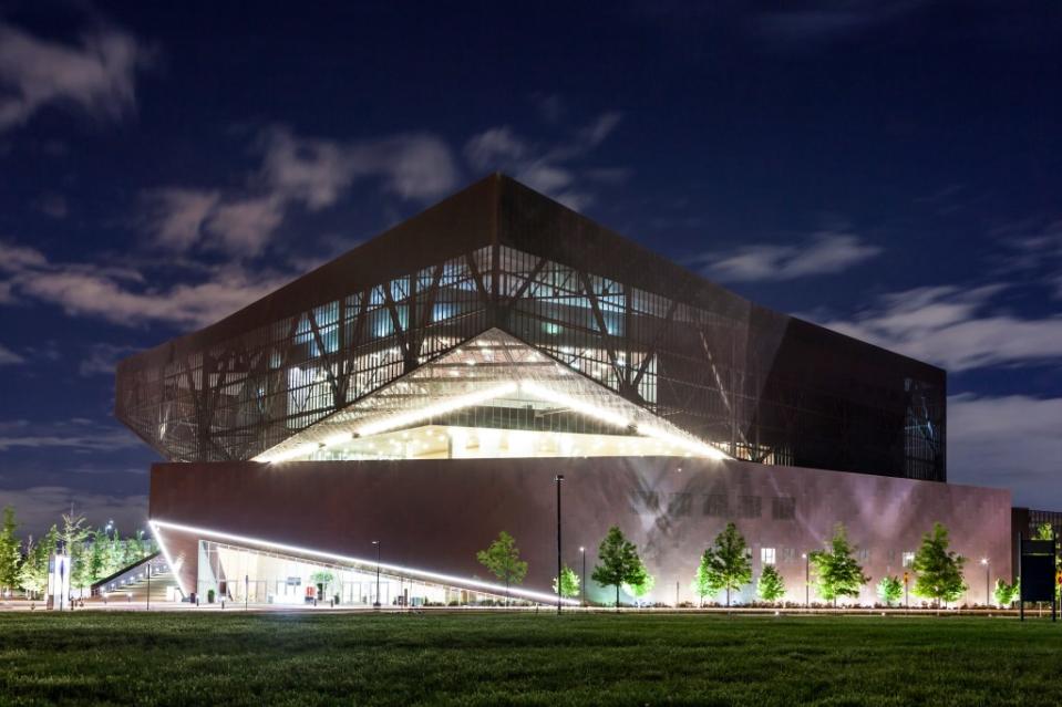 The exterior of the Irving Convention Center at Las Colinas illuminated at night. Irving, Texas via Getty Images