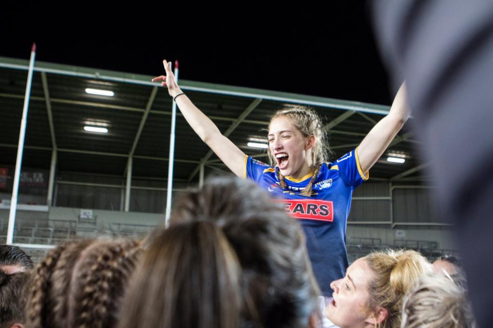 Caitlin Beevers celebrates her 18th birthday as Leeds Rhino win the Super League and Challenge Cup double at St Helens