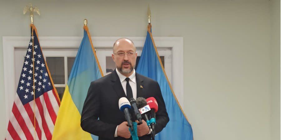 Ukraine's Prime Minister Denys Shmyhal speaks with Ukrainian journalists in New York on Sept. 22.