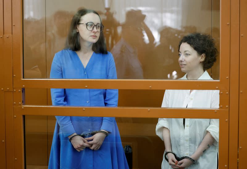 FILE PHOTO: Theatre director Yevgenia Berkovich and playwright Svetlana Petriychuk appear in a Moscow court